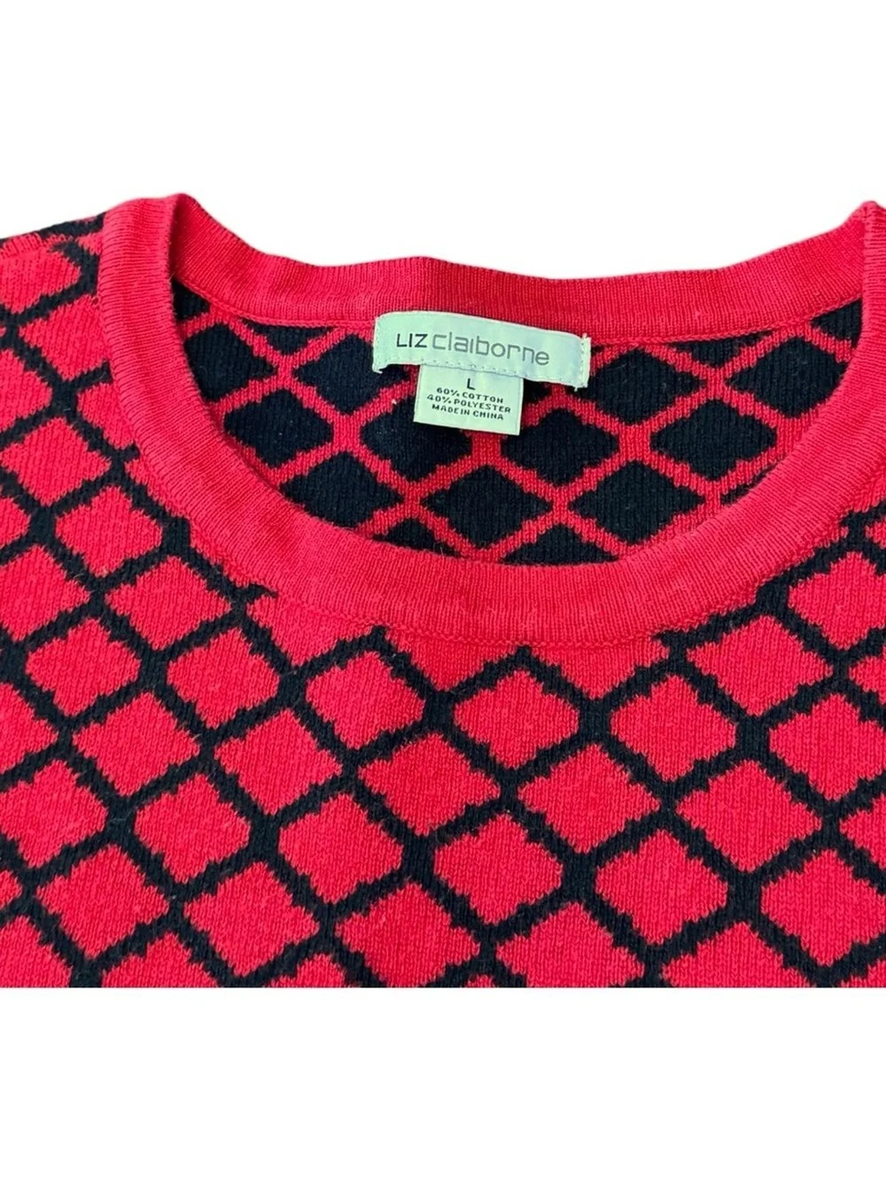 Liz Claiborne Crewneck Black Red Geometric All Day Wear Knit Sweater Women’s L